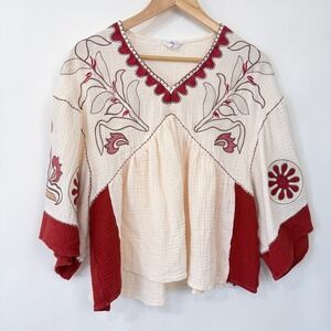 Embroidered Floral Womens Top Size S Cream Cotton Gauzy Babydoll Flowy Boho